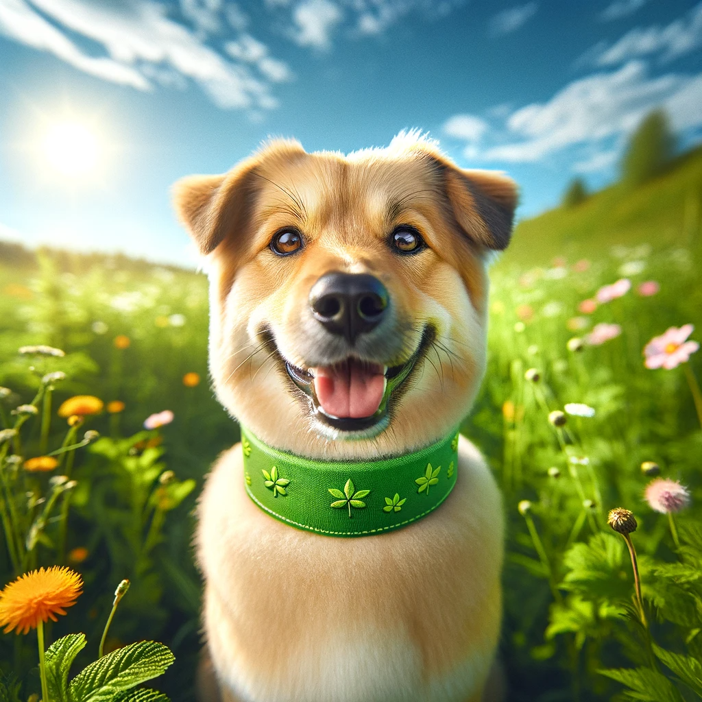 DALL·E 2024 01 04 01.52.48 A cheerful mixed breed dog wearing a bright green natural anti parasitic collar sitting on a grassy field surrounded by wildflowers under a clear blu